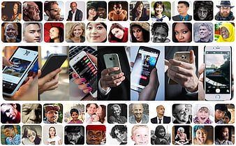 Diverse collage of human faces and smartphone usage