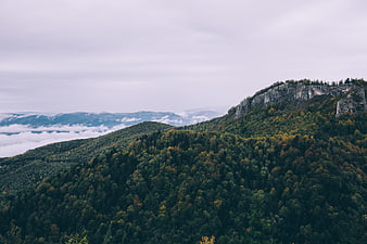 Misty Mountain Ridge with Autumn Forest and Clouds