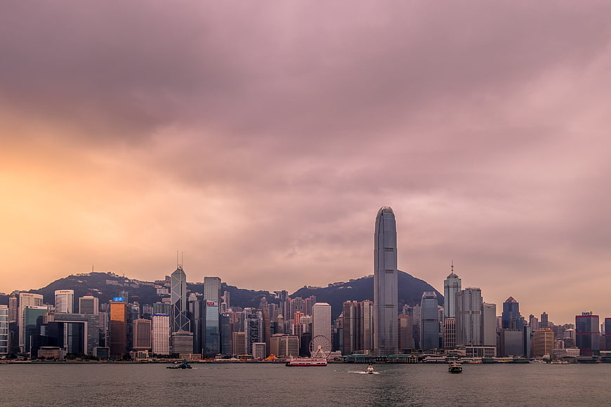 Hong Kong City Skyline Panorama at Dusk with Dramatic Clouds