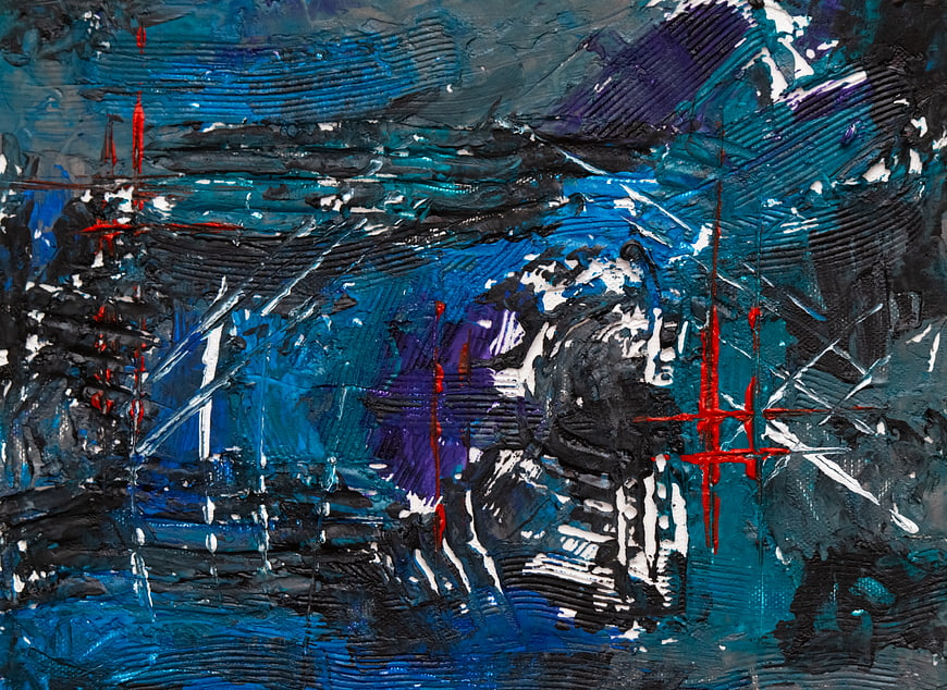 Abstract Blue and Black Oil Painting with Red Accents