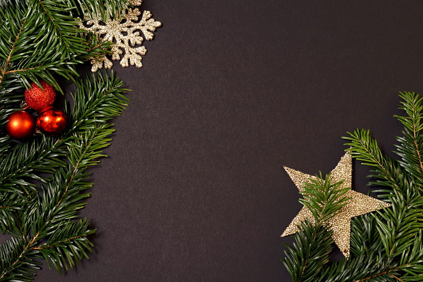 Christmas fir branches with red baubles and gold star on dark background