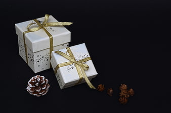 White Christmas Gift Boxes with Gold Ribbon and Pinecones