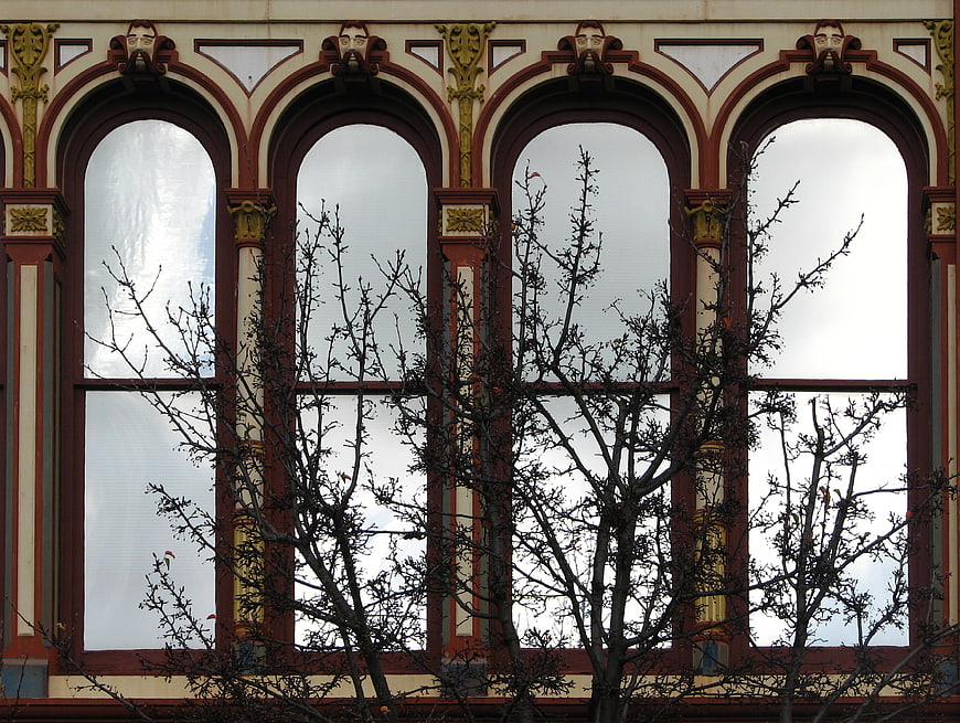 Ornate Arched Windows with Bare Tree Branches