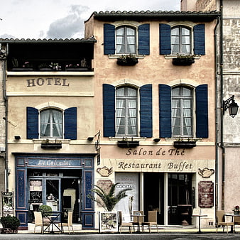 Charming French Hotel and Restaurant Facade in Provence