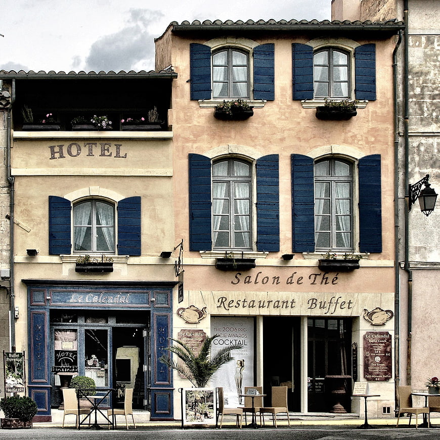 Charming French Hotel and Restaurant Facade in Provence