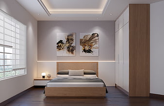 Modern Minimalist Bedroom Interior with Wooden Furniture