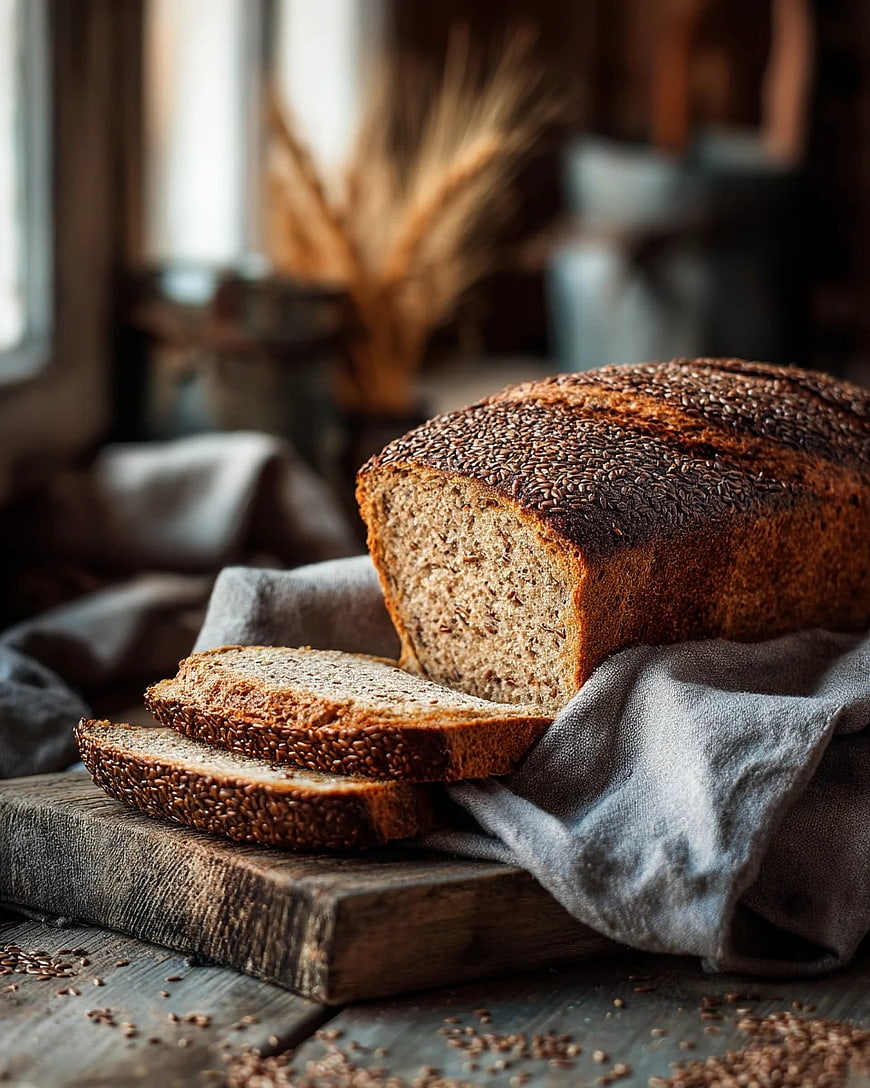 Rustic Whole Grain Bread with Sesame Seeds on Wooden Board