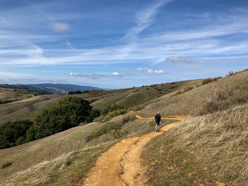 Man hiking on dirt trail through golden hills