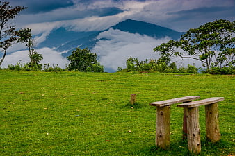 Wooden Bench on Green Hill Overlooking Misty Mountains