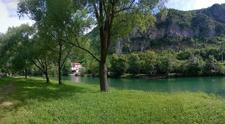 Serene River Landscape with Cottage and Lush Green Trees