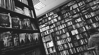 Black and white photo of library bookshelves with reader