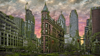 Overgrown Toronto Cityscape With Flatiron Building At Twilight