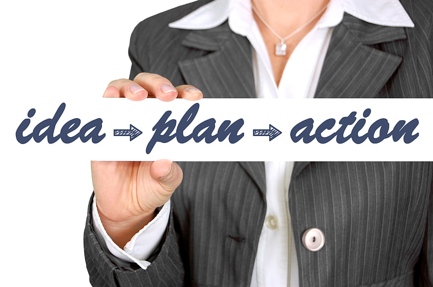 Businesswoman holding sign with idea plan action text