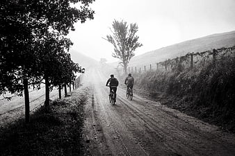 Two Cyclists Riding on Misty Rural Dirt Road
