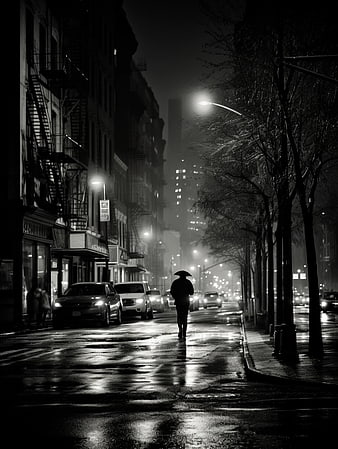 Silhouette of Person with Umbrella on Rainy City Street at Night