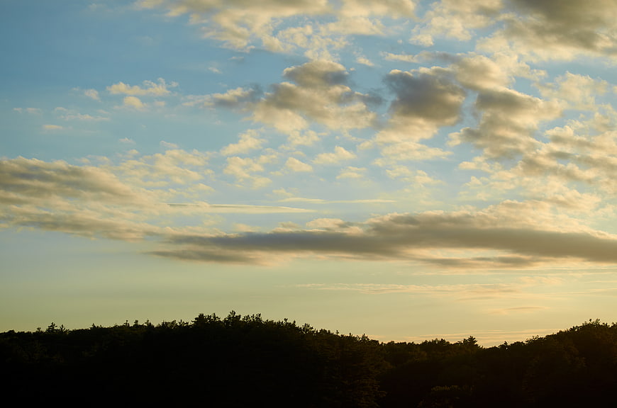 Dramatic sunset sky with clouds over dark forest silhouette