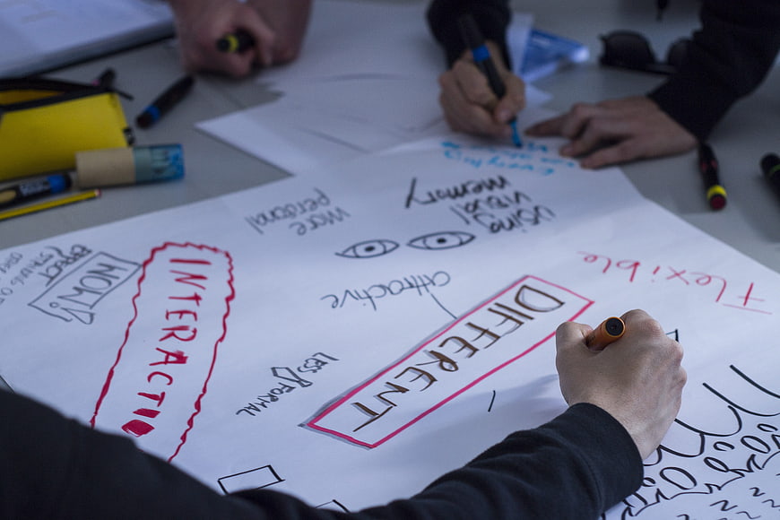 Team brainstorming with markers on large paper