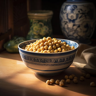 Bowl of Chickpeas in Blue and White Ceramic Dish