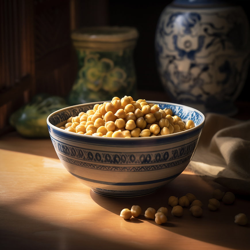 Bowl of Chickpeas in Blue and White Ceramic Dish