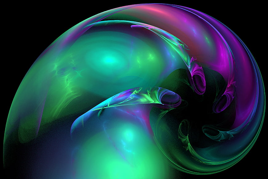 Abstract fractal art with swirling green and purple colors