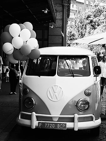 Vintage Volkswagen T1 Bus with Balloons in Black and White