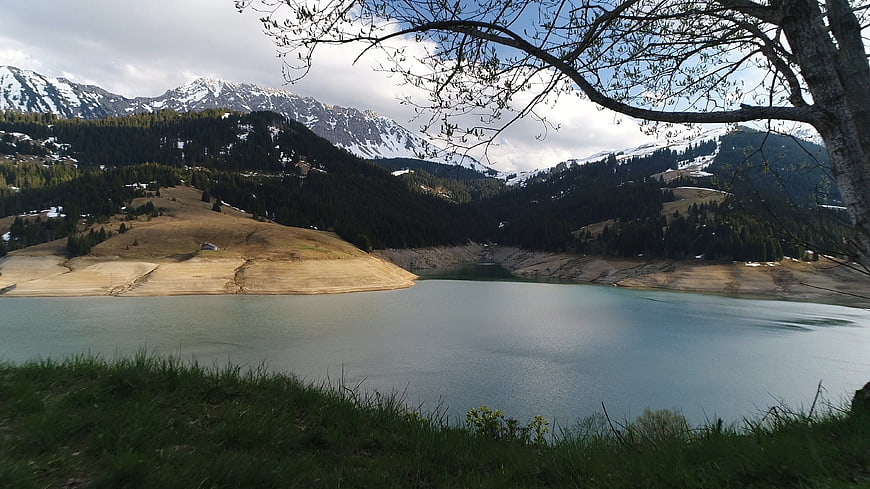 Alpine reservoir with snow-capped mountains and tree frame