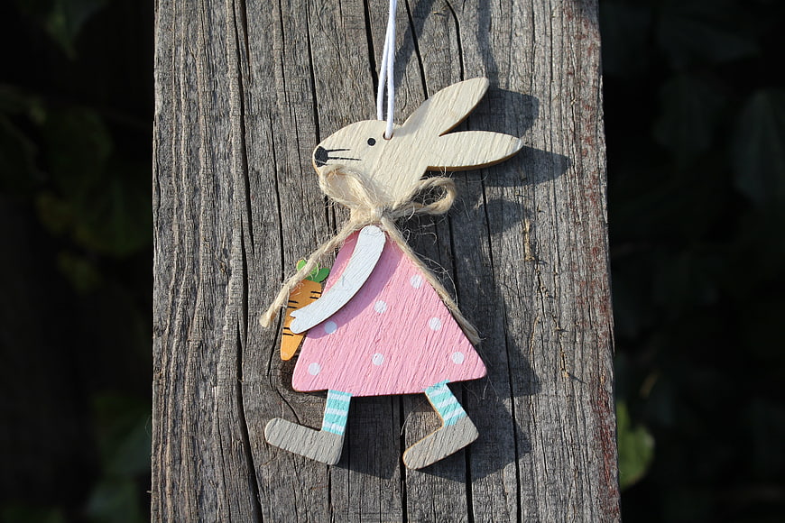 Wooden Easter Bunny Ornament on Weathered Wood