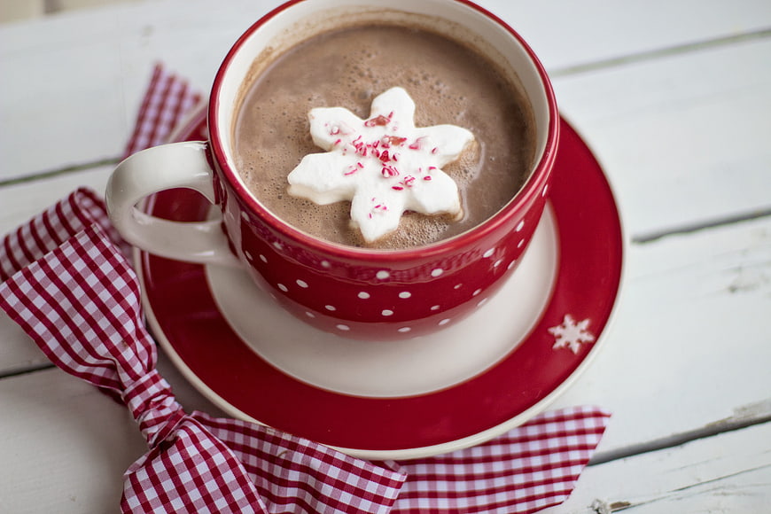 Festive Hot Chocolate with Marshmallow Snowflake in Red Mug
