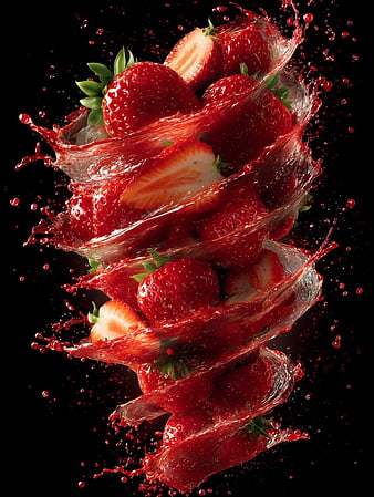 Dynamic Swirling Fresh Strawberries with Splashing Juice