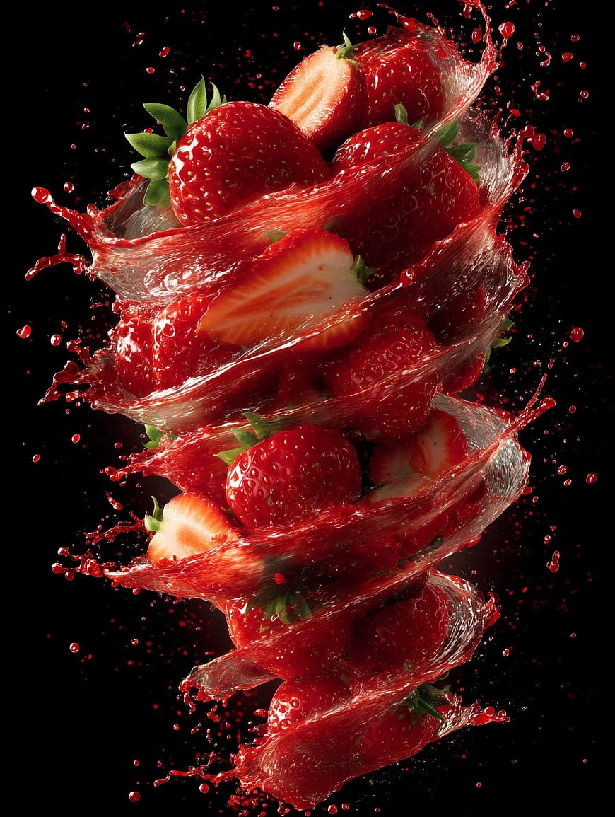 Dynamic Swirling Fresh Strawberries with Splashing Juice