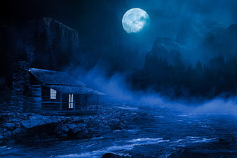 Mystical log cabin by river under full moon at night