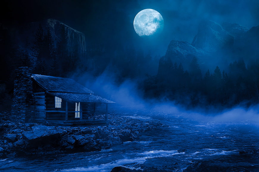 Mystical log cabin by river under full moon at night