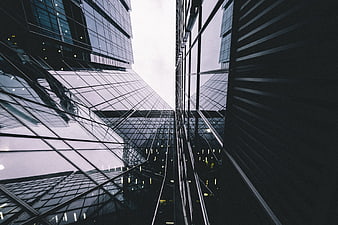 Low angle view of modern glass skyscrapers in a city