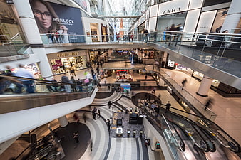 High angle view of busy multi-level shopping mall interior