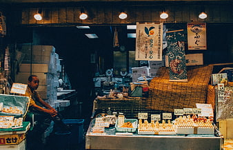 Japanese Market Stall with Vendor and Food Display