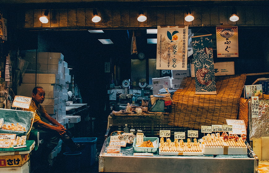 Japanese Market Stall with Vendor and Food Display
