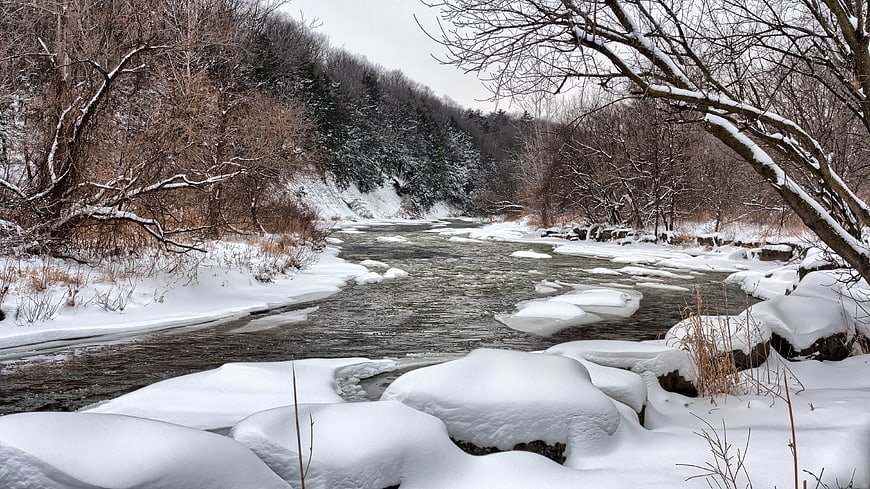 Snowy River Landscape with Frozen Banks and Bare Trees