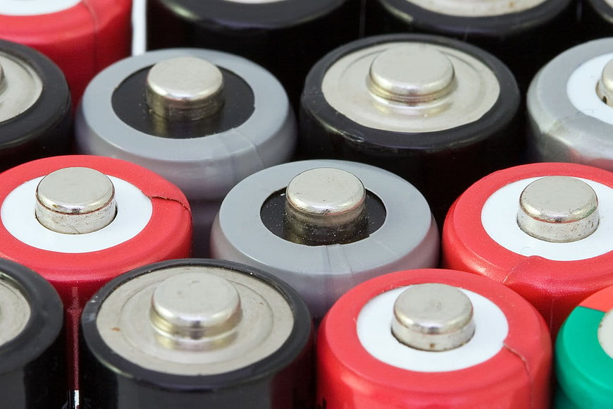 Close-up of colorful rechargeable battery terminals
