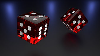 Two Red Glass Dice Floating Against Dark Blue Background