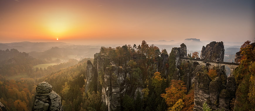 Bastei Bridge Sunrise in Saxon Switzerland Sandstone Mountains