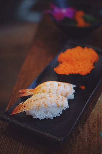 Shrimp and Roe Sushi on Black Rectangular Plate