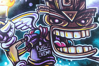 Vibrant graffiti art of a stylized Public Enemy character