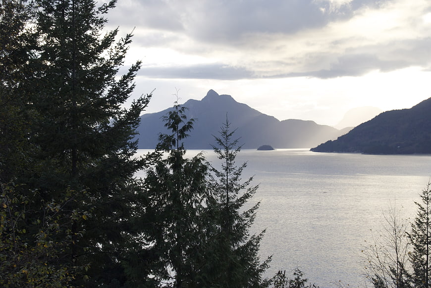 Serene Lake Landscape with Pine Trees and Distant Mountains