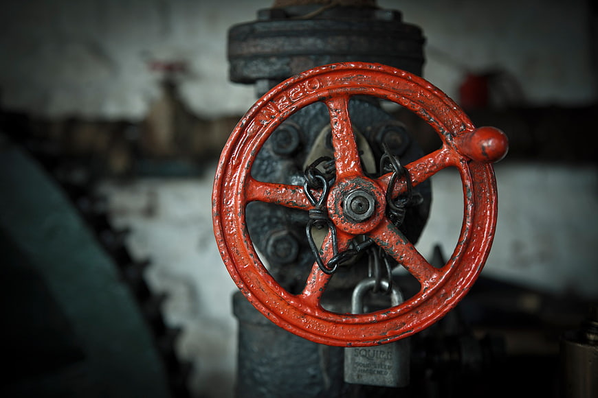 Vintage Red Industrial Valve Wheel With Padlock