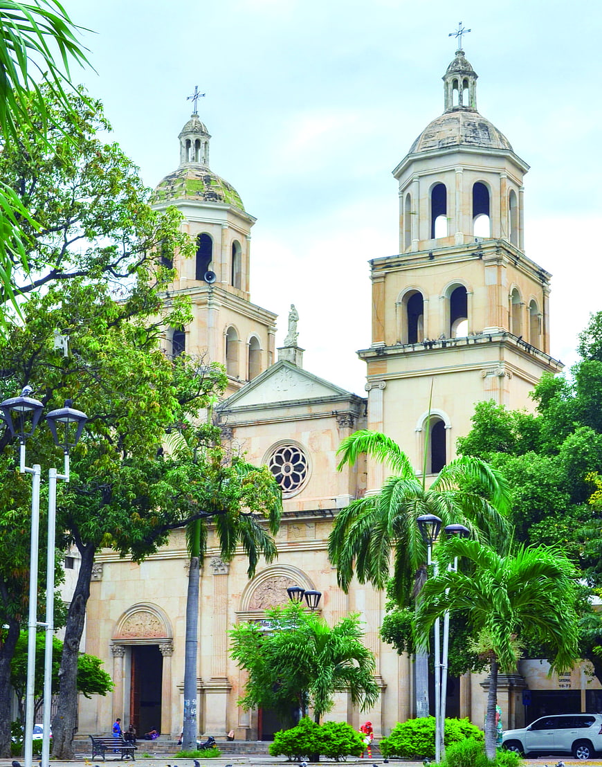 Historic Cathedral with Twin Towers and Palm Trees
