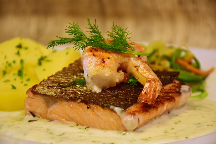 Grilled Salmon Fillet with Shrimp and Dill Garnish