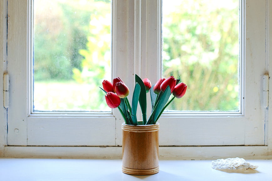 Red Tulips in Wooden Vase on White Windowsill