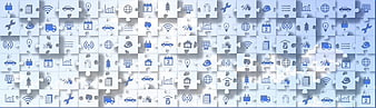 Blue Eco Business Icons On White 3D Puzzle Piece Pattern
