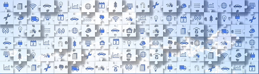 Blue Eco Business Icons On White 3D Puzzle Piece Pattern