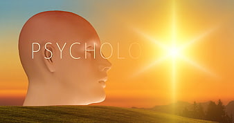 3D Head Profile With Psychology Text Against Sunset Sky